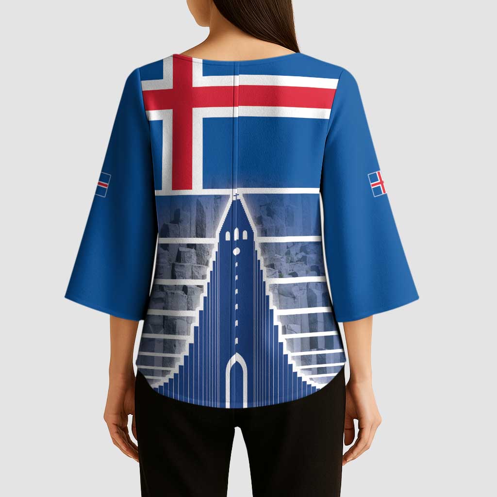 Iceland Hallgrimskirkja Church Kimono Sleeve Blouse Icelandic Flag Design - Wonder Print Shop