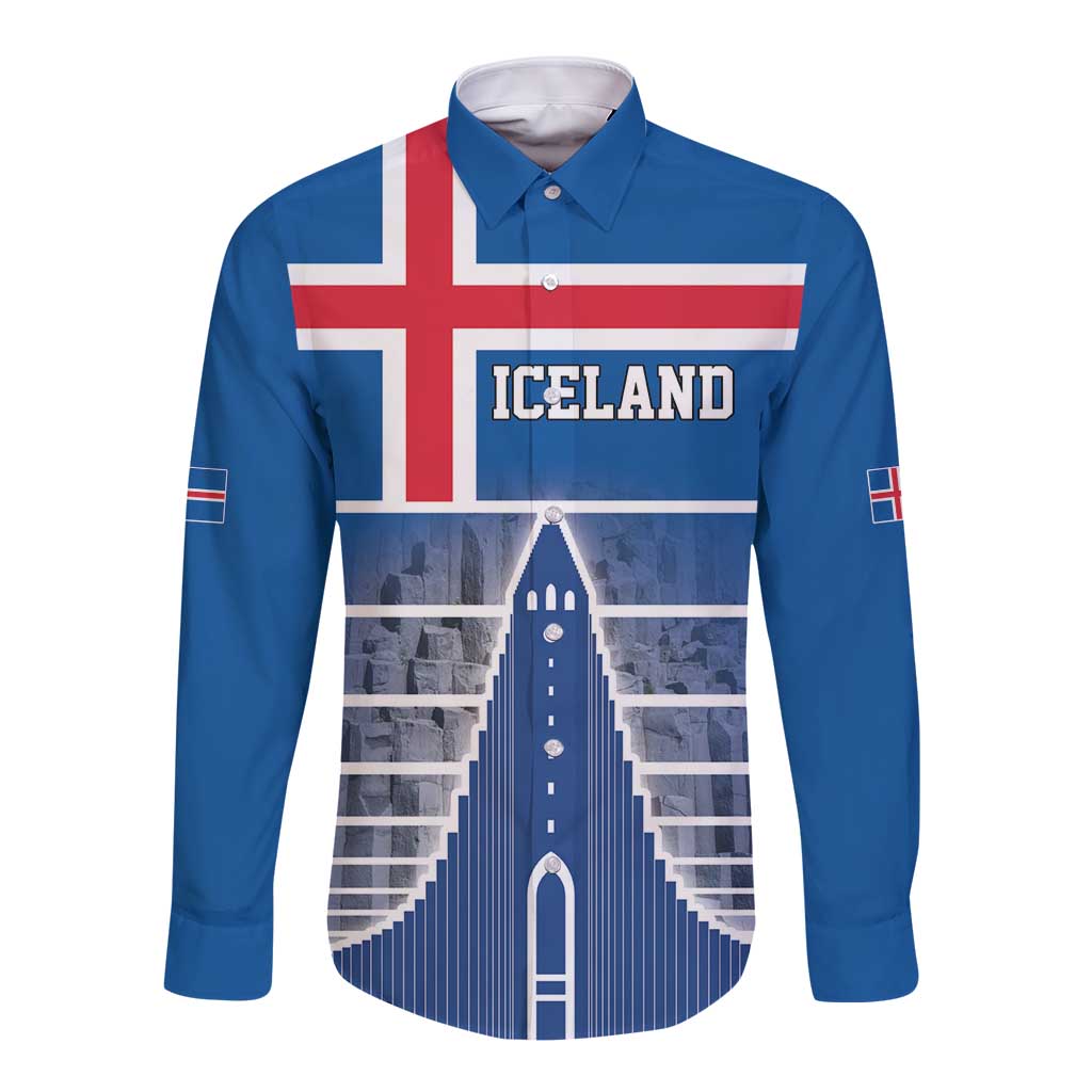 Iceland Hallgrimskirkja Church Long Sleeve Button Shirt Icelandic Flag Design - Wonder Print Shop