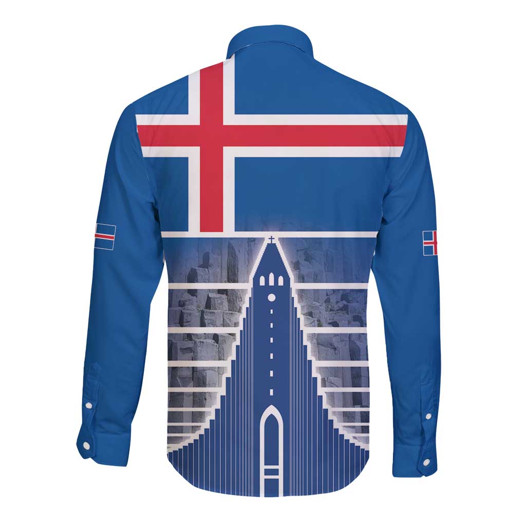 Iceland Hallgrimskirkja Church Long Sleeve Button Shirt Icelandic Flag Design - Wonder Print Shop