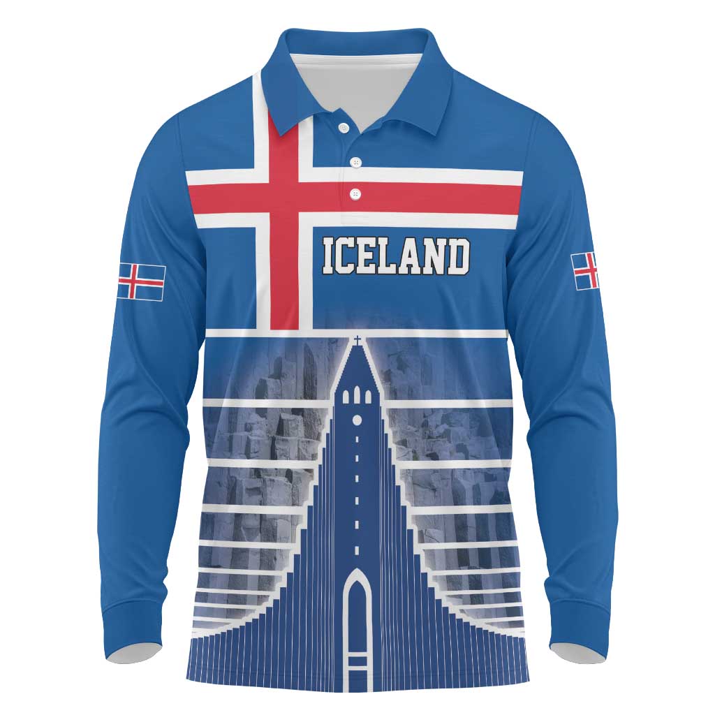 Iceland Hallgrimskirkja Church Long Sleeve Polo Shirt Icelandic Flag Design - Wonder Print Shop
