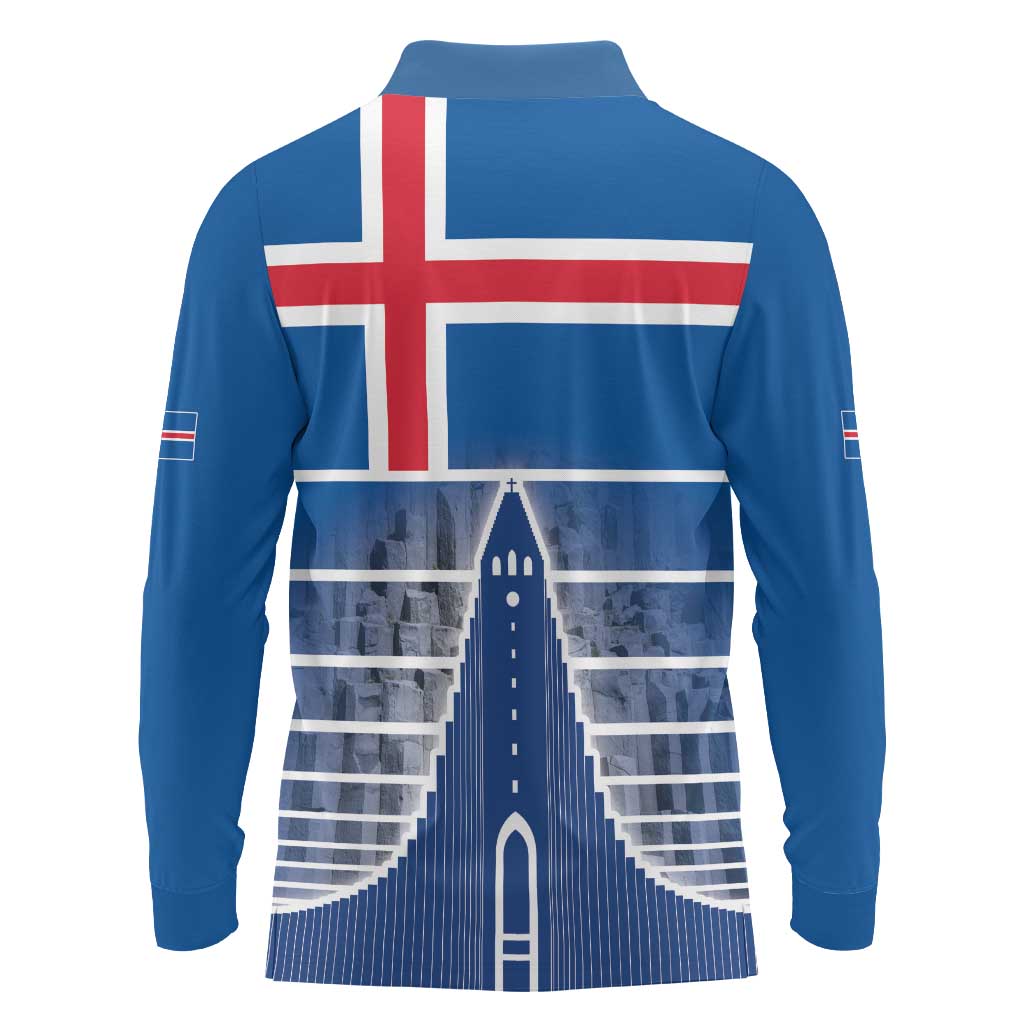 Iceland Hallgrimskirkja Church Long Sleeve Polo Shirt Icelandic Flag Design - Wonder Print Shop