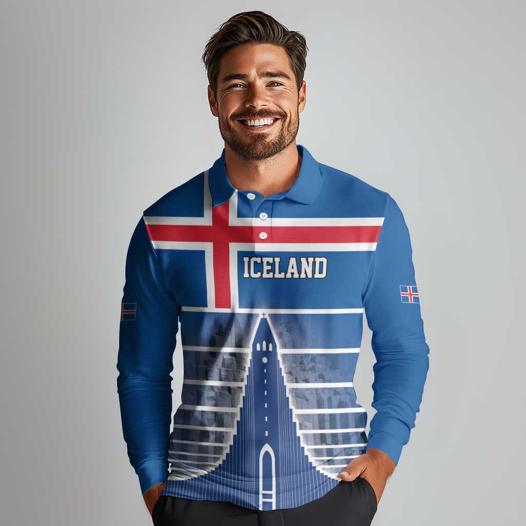 Iceland Hallgrimskirkja Church Long Sleeve Polo Shirt Icelandic Flag Design - Wonder Print Shop