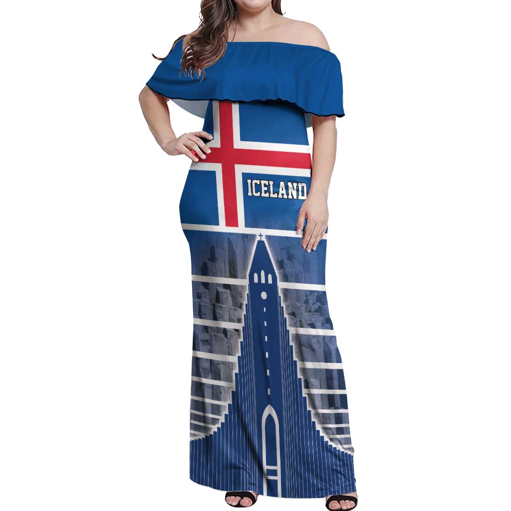 Iceland Hallgrimskirkja Church Off Shoulder Maxi Dress Icelandic Flag Design - Wonder Print Shop
