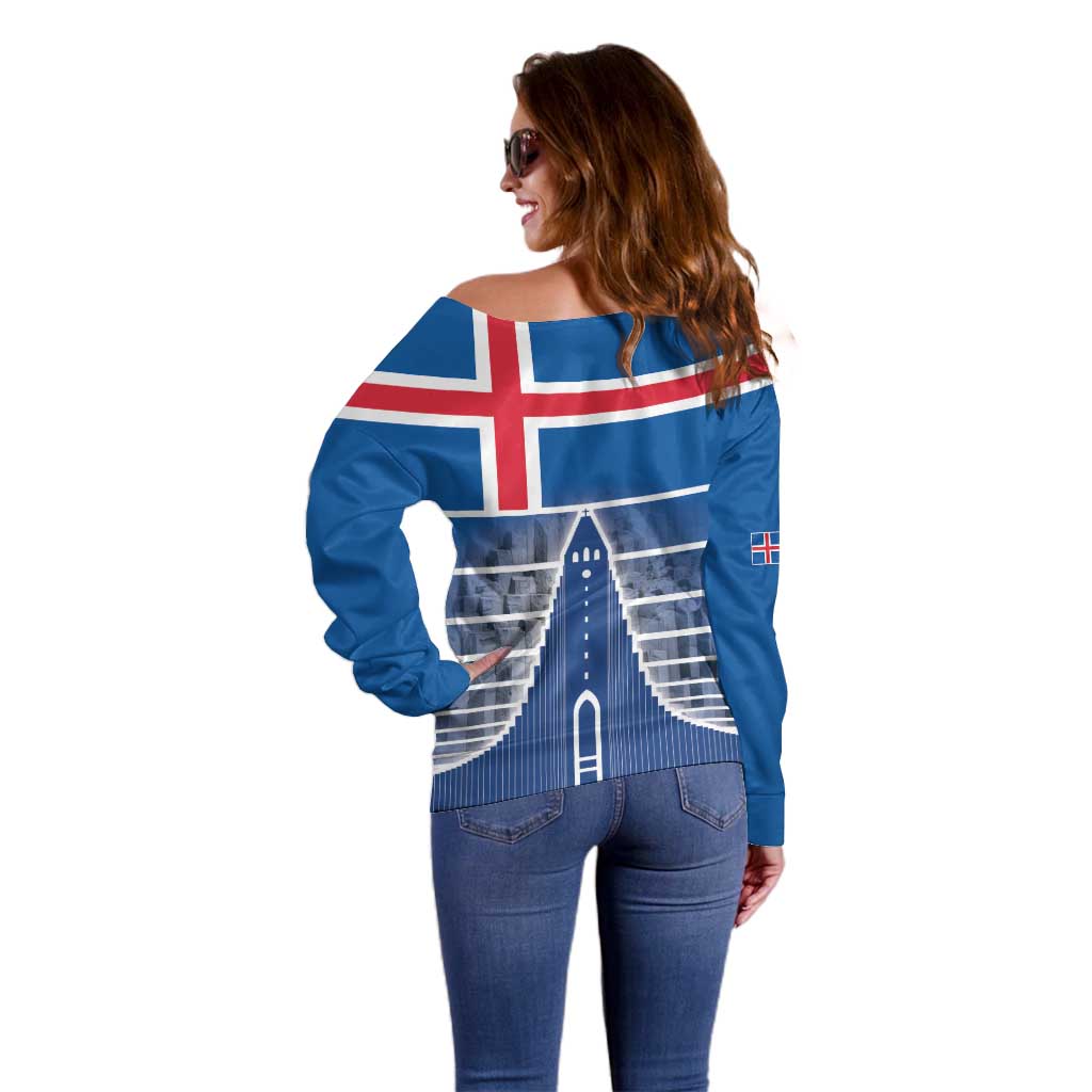 Iceland Hallgrimskirkja Church Off Shoulder Sweater Icelandic Flag Design - Wonder Print Shop