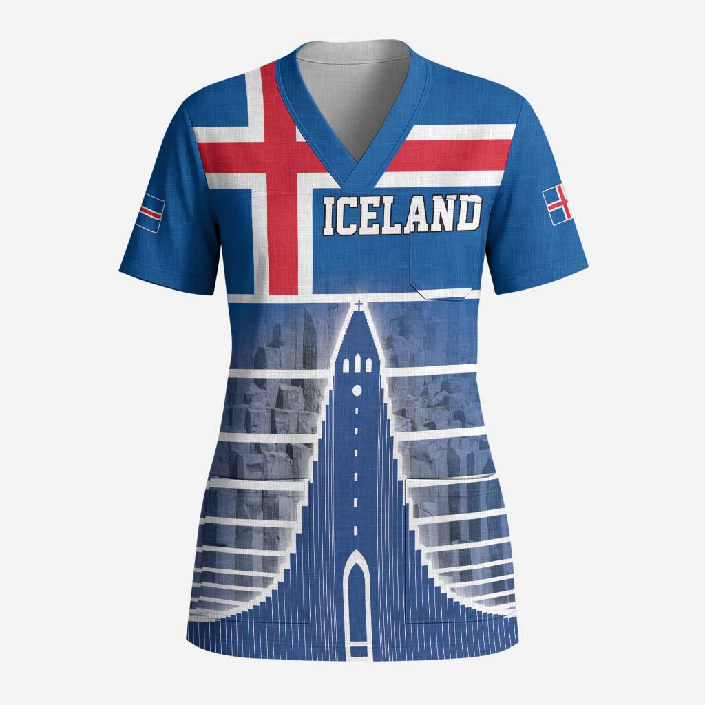 Iceland Hallgrimskirkja Church Scrub Top Icelandic Flag Design - Wonder Print Shop