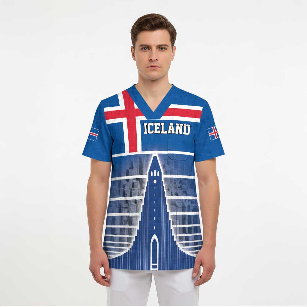 Iceland Hallgrimskirkja Church Scrub Top Icelandic Flag Design - Wonder Print Shop