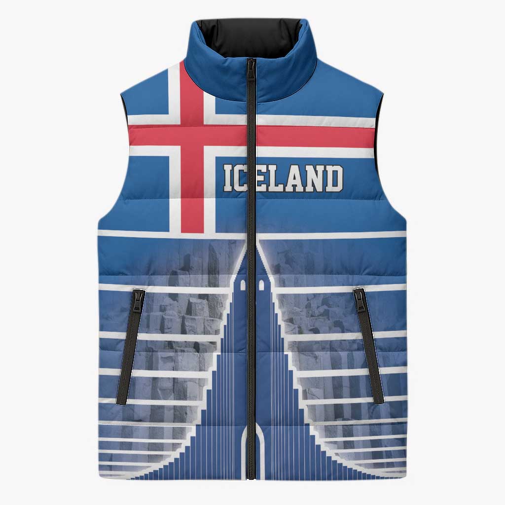 Iceland Hallgrimskirkja Church Sleeveless Puffer Jacket Icelandic Flag Design - Wonder Print Shop