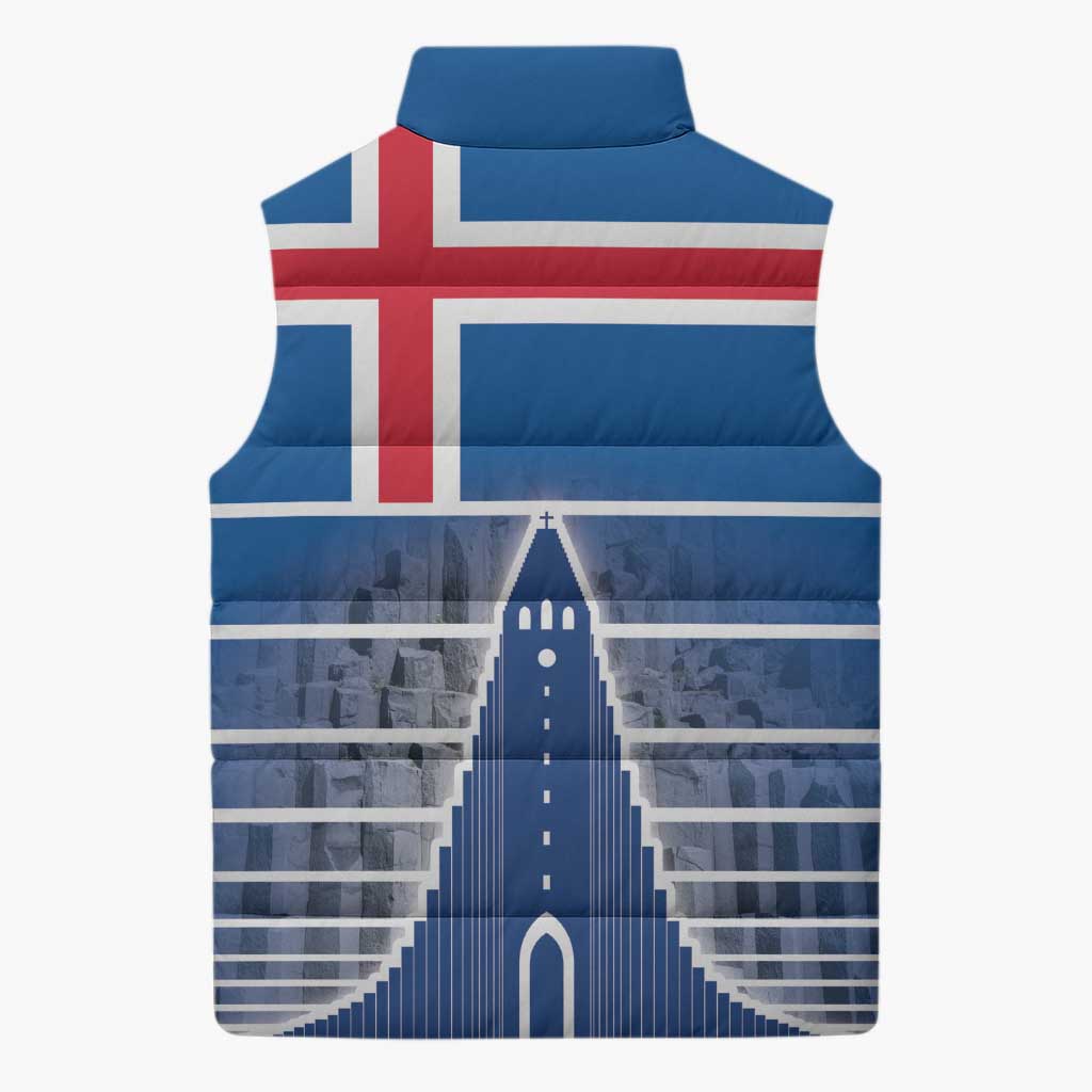 Iceland Hallgrimskirkja Church Sleeveless Puffer Jacket Icelandic Flag Design - Wonder Print Shop