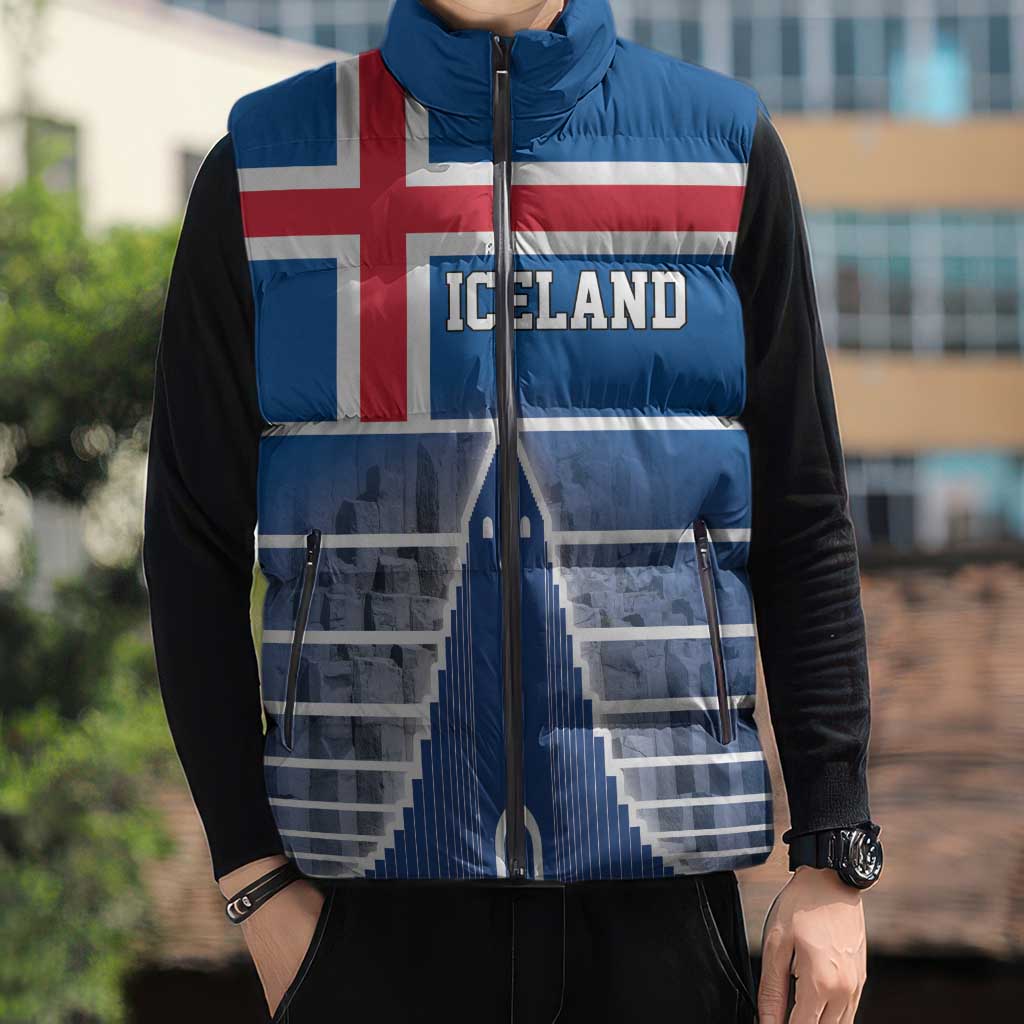 Iceland Hallgrimskirkja Church Sleeveless Puffer Jacket Icelandic Flag Design - Wonder Print Shop