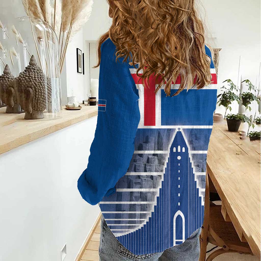Iceland Hallgrimskirkja Church Women Casual Shirt Icelandic Flag Design - Wonder Print Shop