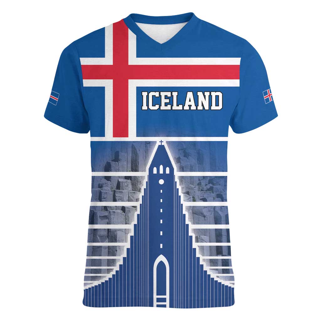Iceland Hallgrimskirkja Church Women V-Neck T-Shirt Icelandic Flag Design - Wonder Print Shop