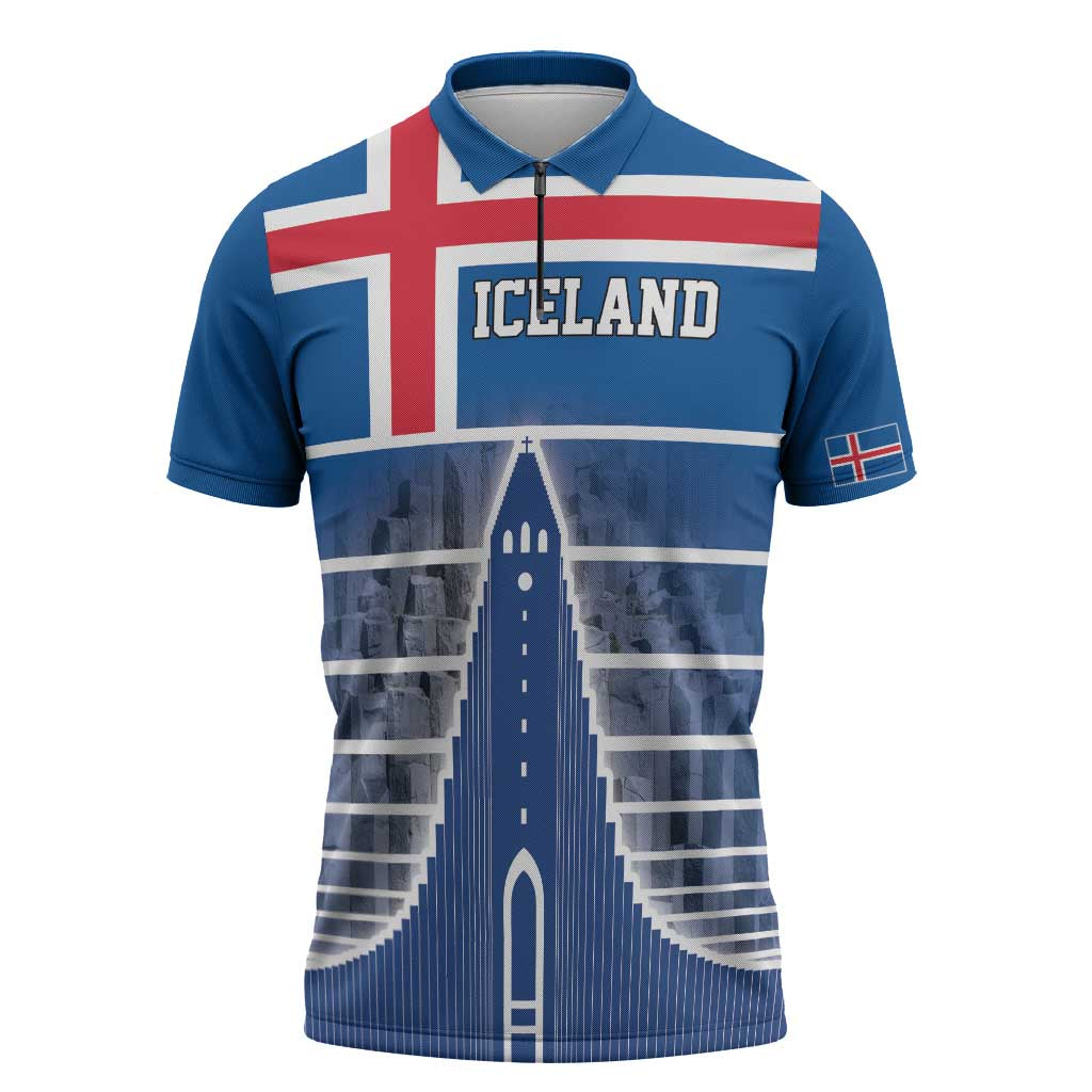 Iceland Hallgrimskirkja Church Zipper Polo Shirt Icelandic Flag Design - Wonder Print Shop