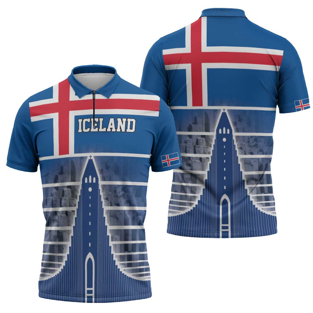 Iceland Hallgrimskirkja Church Zipper Polo Shirt Icelandic Flag Design - Wonder Print Shop