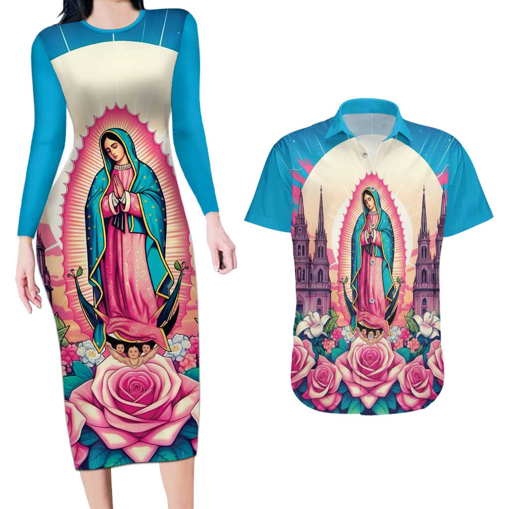 Our Lady of Guadalupe Couples Matching Long Sleeve Bodycon Dress and Hawaiian Shirt Virgin Mary of Mexico - Wonder Print Shop