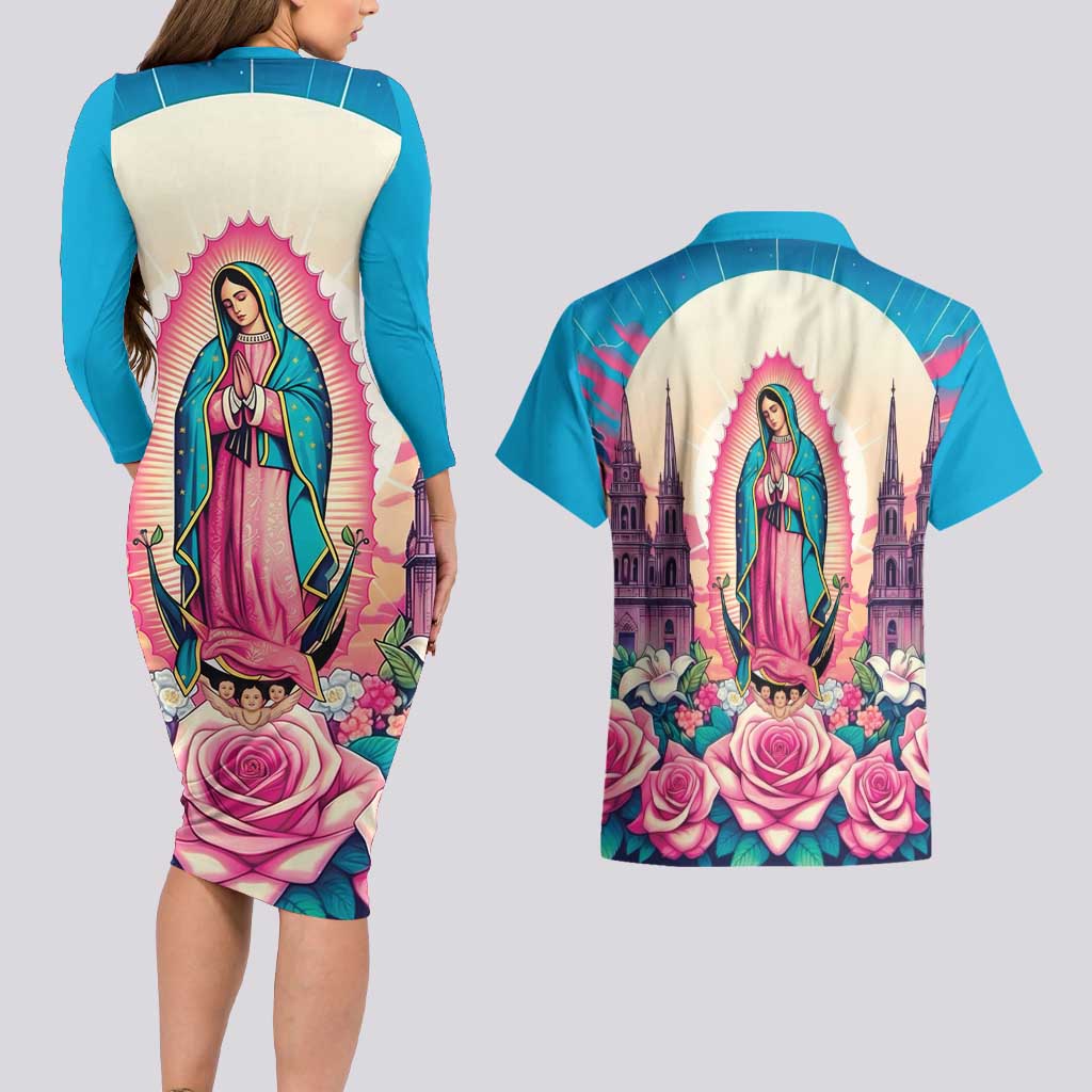 Our Lady of Guadalupe Couples Matching Long Sleeve Bodycon Dress and Hawaiian Shirt Virgin Mary of Mexico - Wonder Print Shop