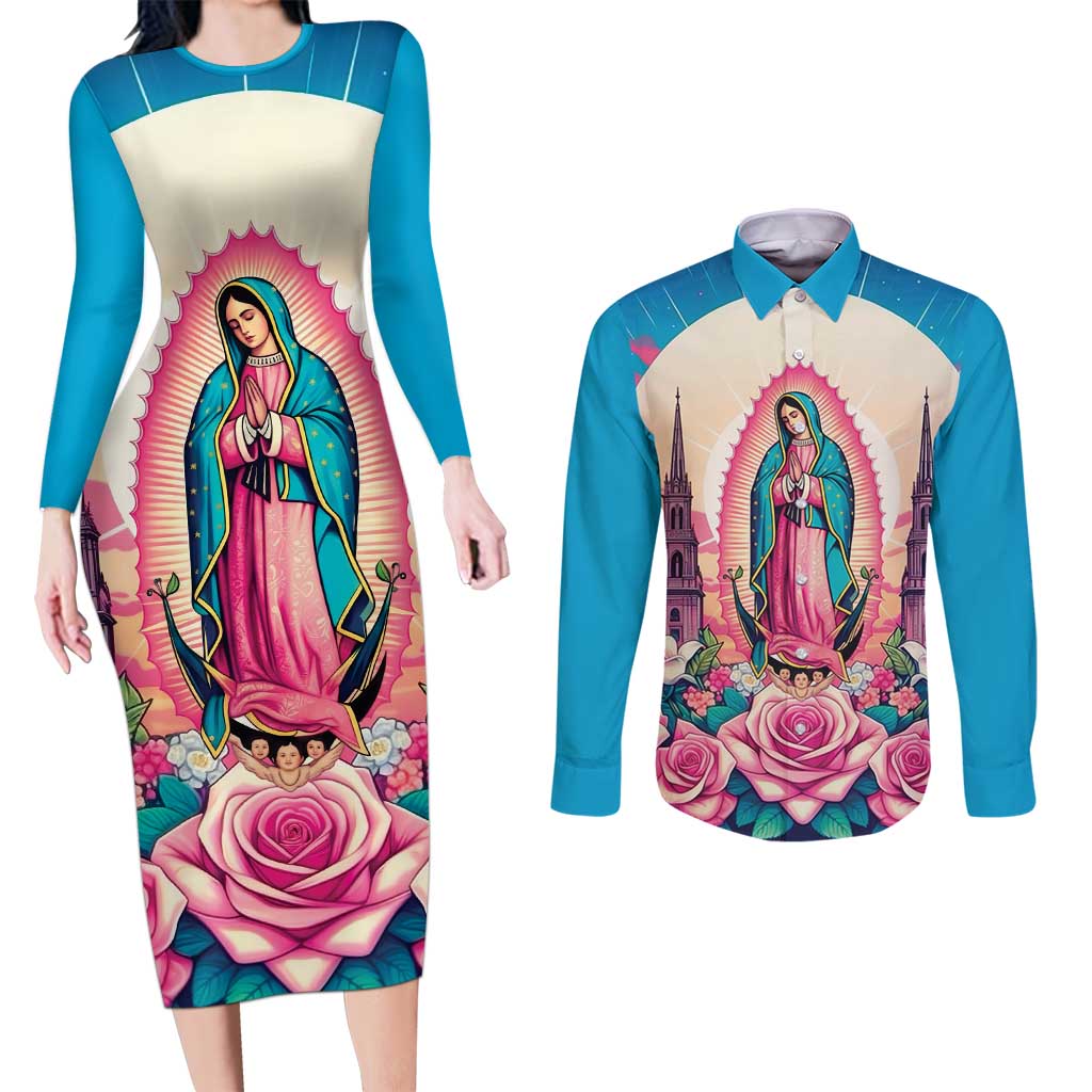 Our Lady of Guadalupe Couples Matching Long Sleeve Bodycon Dress and Long Sleeve Button Shirt Virgin Mary of Mexico - Wonder Print Shop