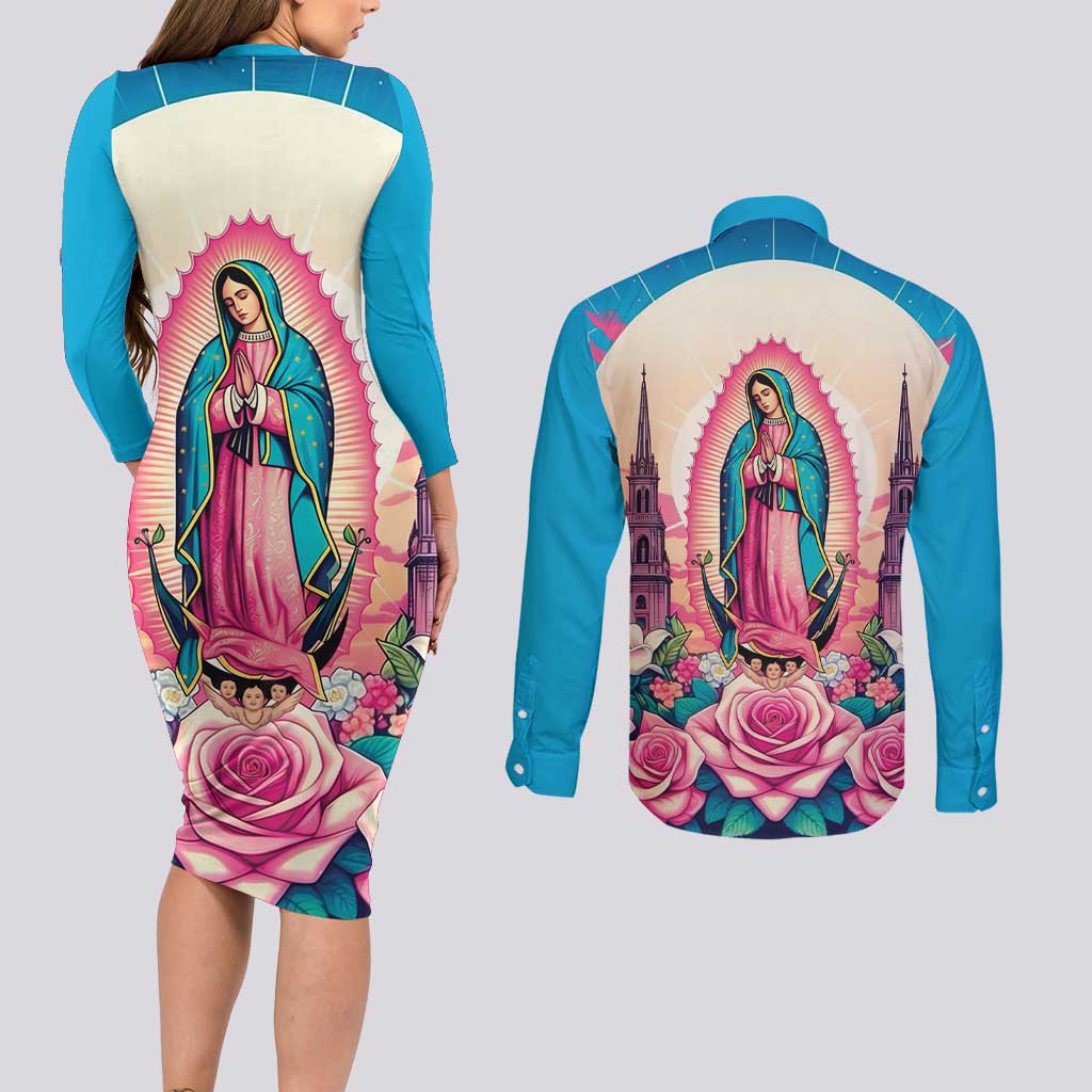 Our Lady of Guadalupe Couples Matching Long Sleeve Bodycon Dress and Long Sleeve Button Shirt Virgin Mary of Mexico - Wonder Print Shop