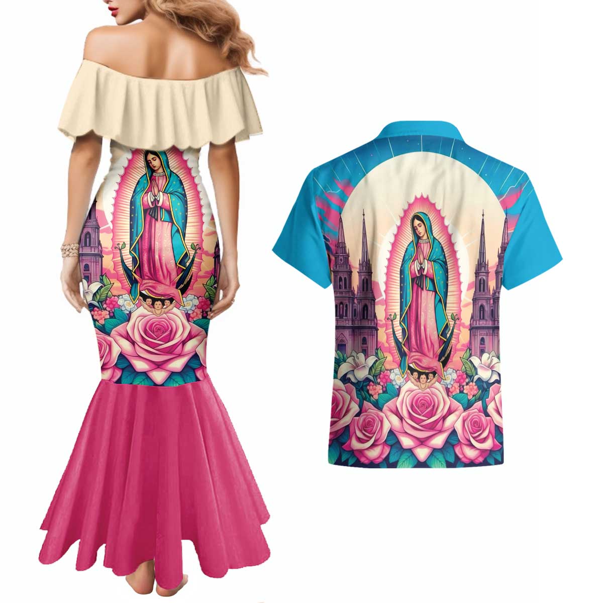 Our Lady of Guadalupe Couples Matching Mermaid Dress and Hawaiian Shirt Virgin Mary of Mexico - Wonder Print Shop
