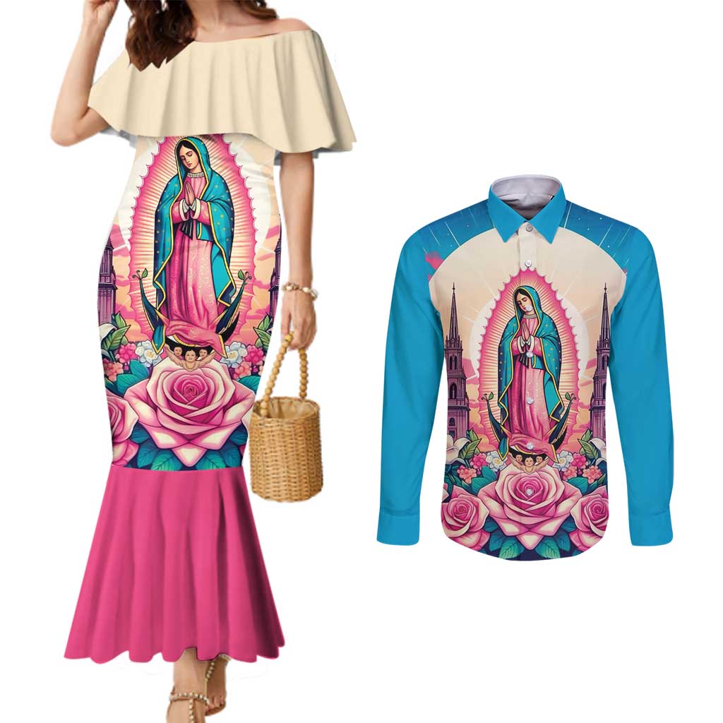 Our Lady of Guadalupe Couples Matching Mermaid Dress and Long Sleeve Button Shirt Virgin Mary of Mexico - Wonder Print Shop