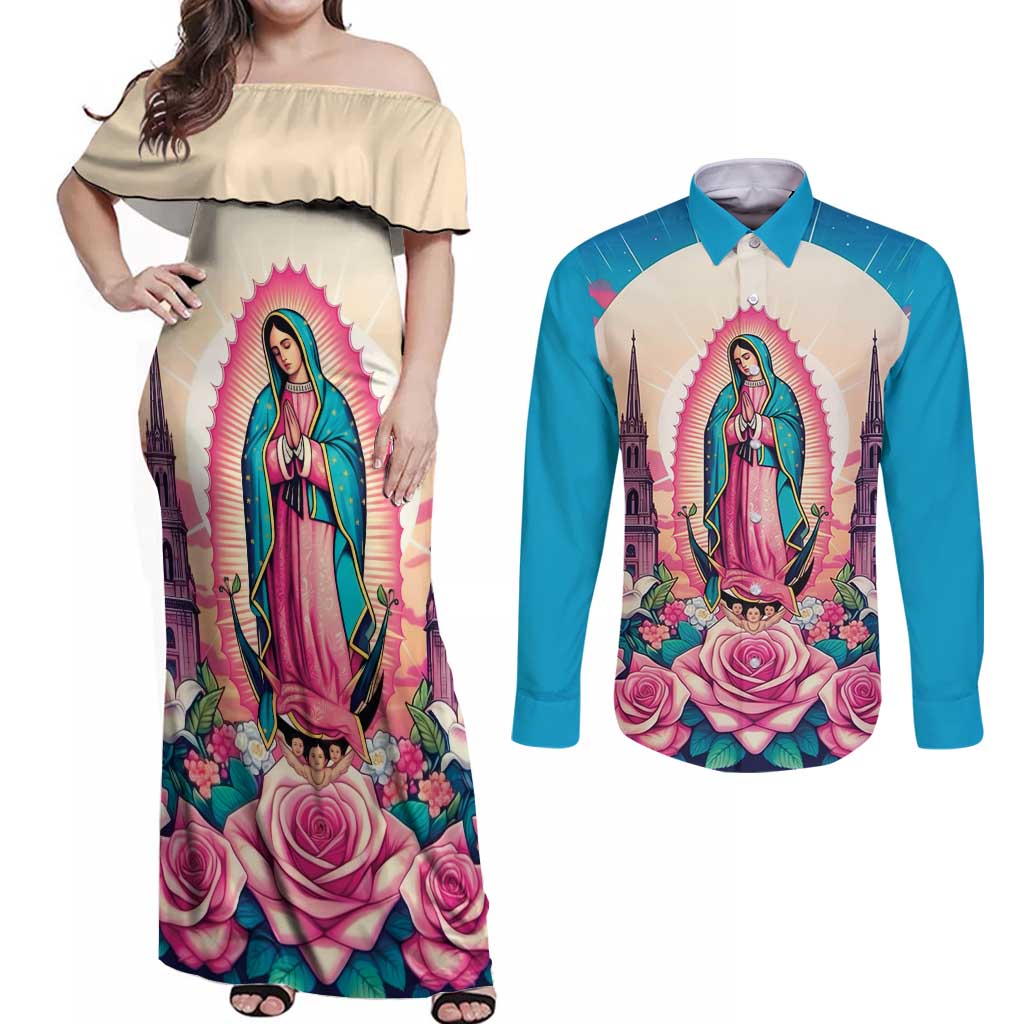 Our Lady of Guadalupe Couples Matching Off Shoulder Maxi Dress and Long Sleeve Button Shirt Virgin Mary of Mexico - Wonder Print Shop