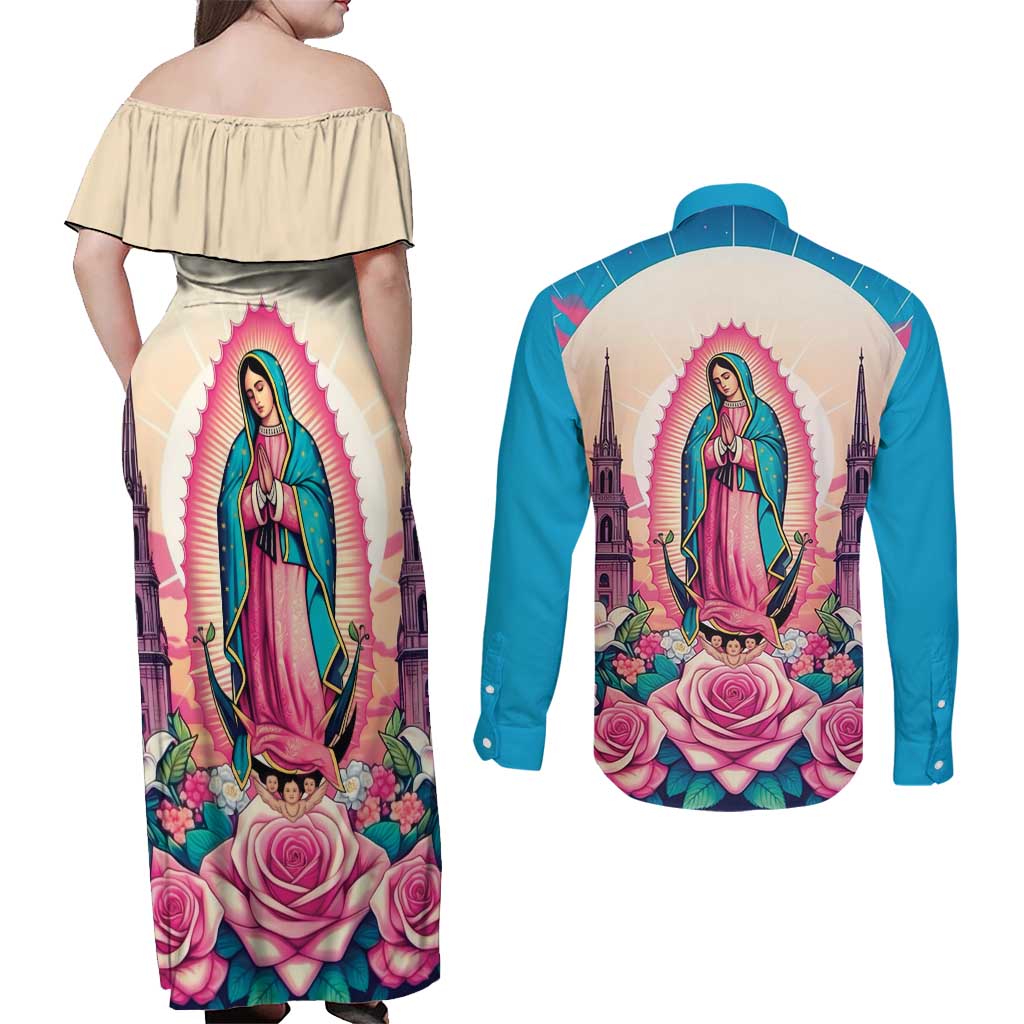 Our Lady of Guadalupe Couples Matching Off Shoulder Maxi Dress and Long Sleeve Button Shirt Virgin Mary of Mexico - Wonder Print Shop
