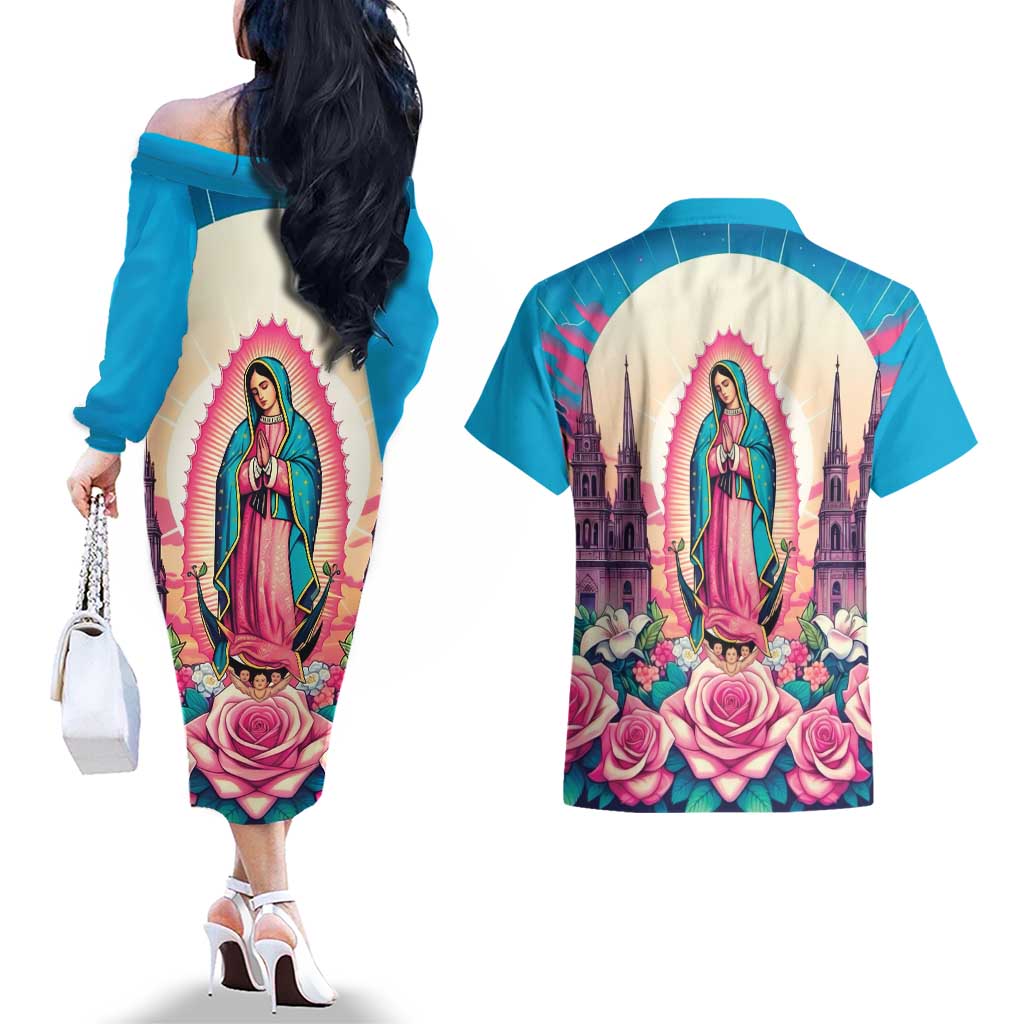 Our Lady of Guadalupe Couples Matching Off The Shoulder Long Sleeve Dress and Hawaiian Shirt Virgin Mary of Mexico - Wonder Print Shop