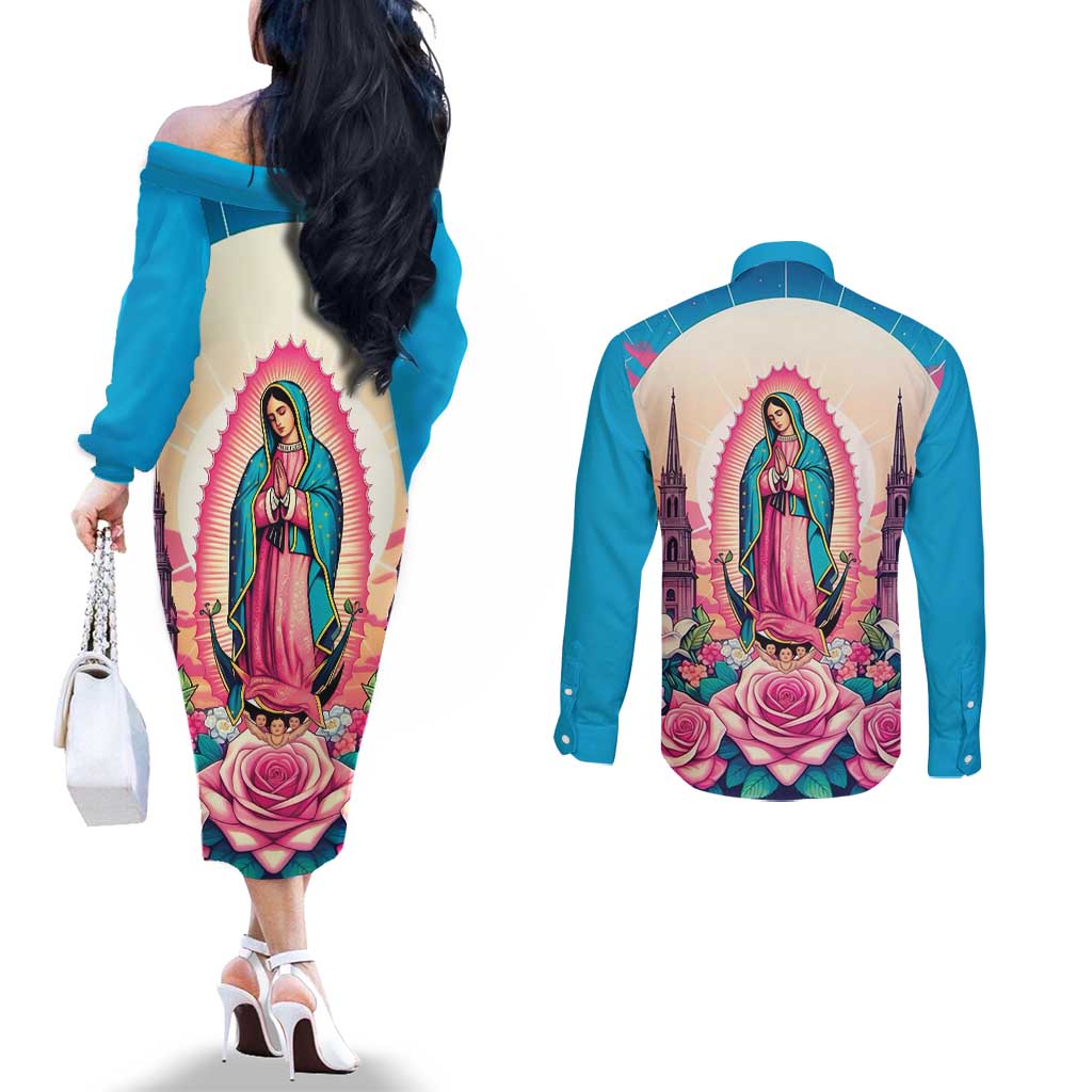Our Lady of Guadalupe Couples Matching Off The Shoulder Long Sleeve Dress and Long Sleeve Button Shirt Virgin Mary of Mexico - Wonder Print Shop