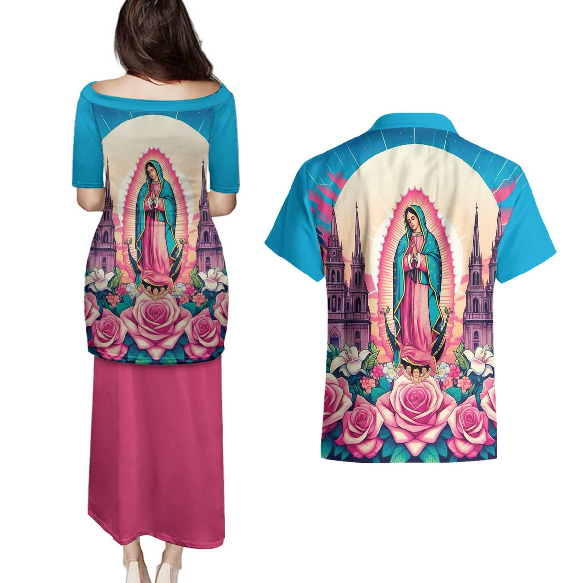 Our Lady of Guadalupe Couples Matching Puletasi and Hawaiian Shirt Virgin Mary of Mexico - Wonder Print Shop