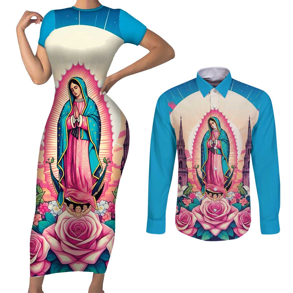 Our Lady of Guadalupe Couples Matching Short Sleeve Bodycon Dress and Long Sleeve Button Shirt Virgin Mary of Mexico - Wonder Print Shop