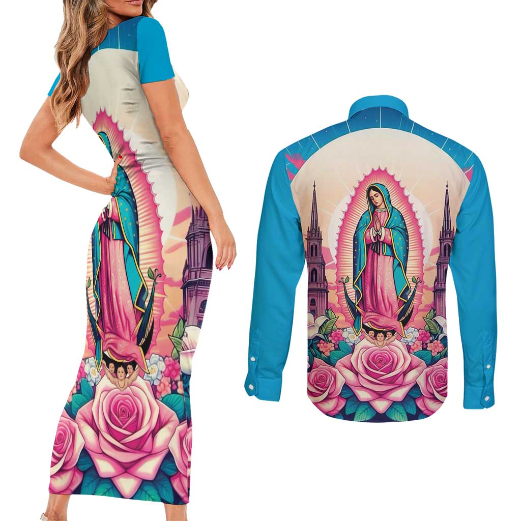 Our Lady of Guadalupe Couples Matching Short Sleeve Bodycon Dress and Long Sleeve Button Shirt Virgin Mary of Mexico - Wonder Print Shop