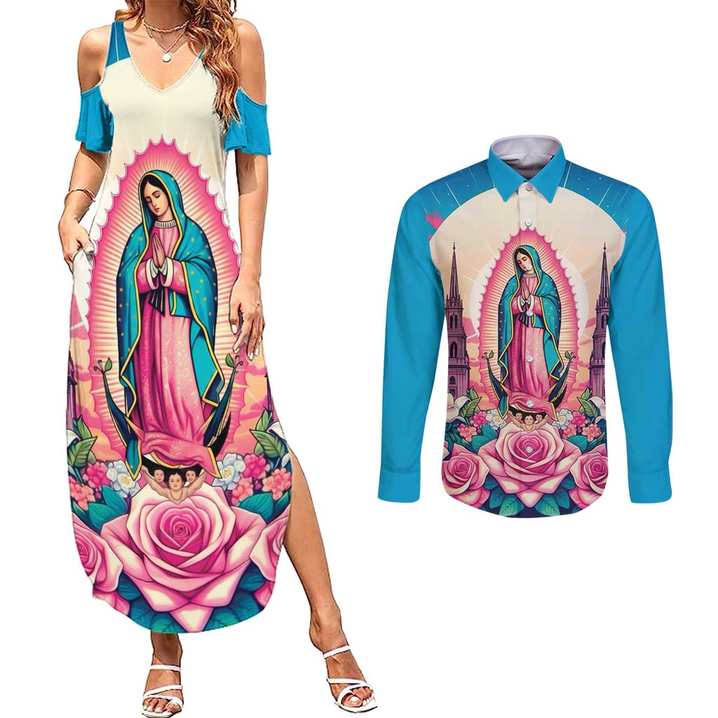 Our Lady of Guadalupe Couples Matching Summer Maxi Dress and Long Sleeve Button Shirt Virgin Mary of Mexico - Wonder Print Shop