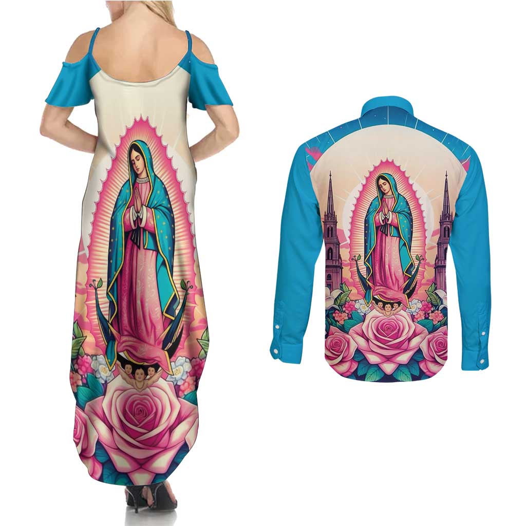 Our Lady of Guadalupe Couples Matching Summer Maxi Dress and Long Sleeve Button Shirt Virgin Mary of Mexico - Wonder Print Shop
