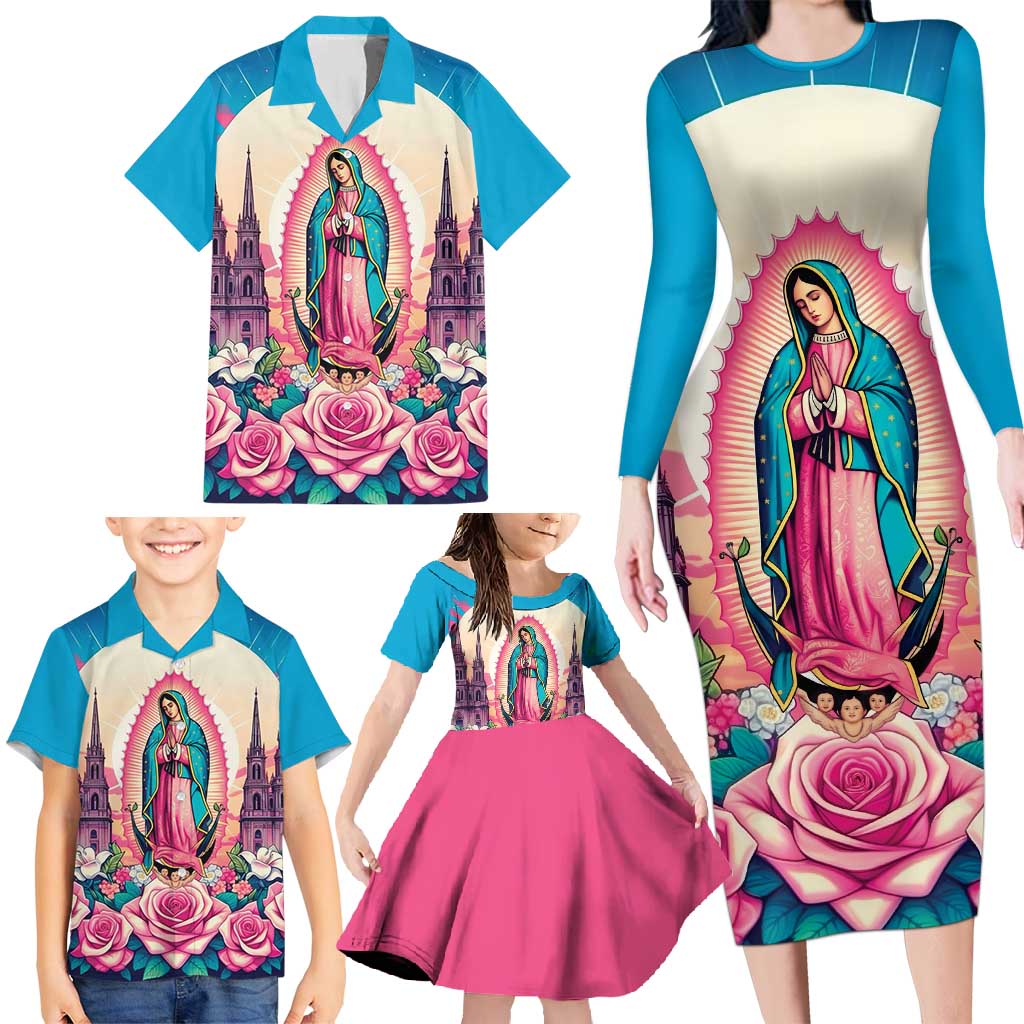 Our Lady of Guadalupe Family Matching Long Sleeve Bodycon Dress and Hawaiian Shirt Virgin Mary of Mexico - Wonder Print Shop