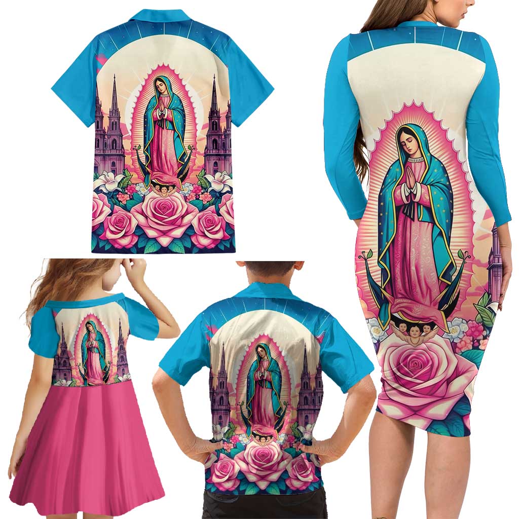 Our Lady of Guadalupe Family Matching Long Sleeve Bodycon Dress and Hawaiian Shirt Virgin Mary of Mexico - Wonder Print Shop