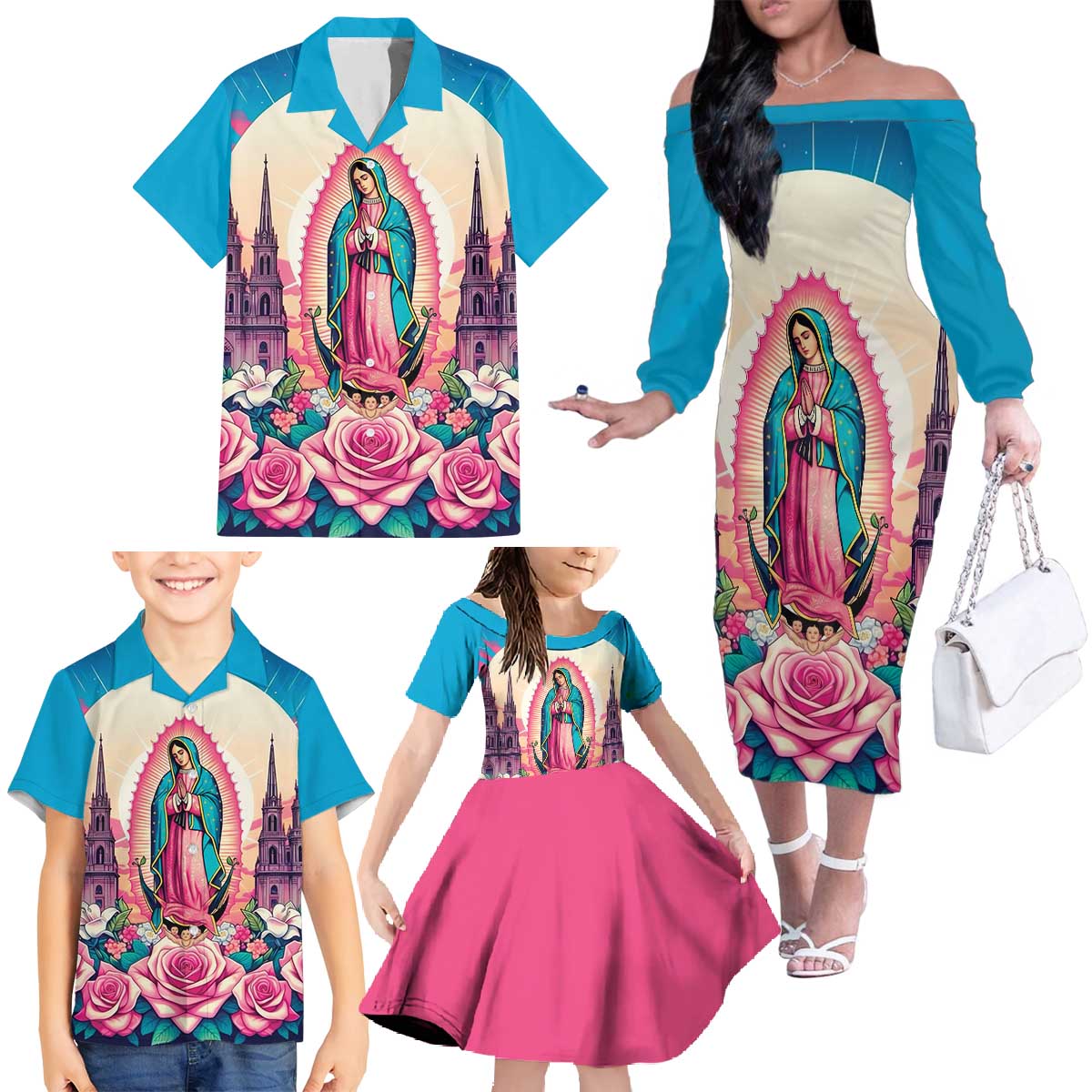 Our Lady of Guadalupe Family Matching Off The Shoulder Long Sleeve Dress and Hawaiian Shirt Virgin Mary of Mexico - Wonder Print Shop