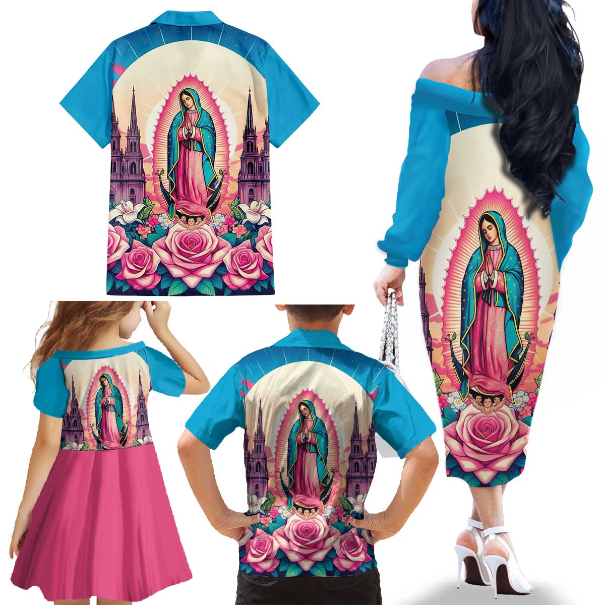 Our Lady of Guadalupe Family Matching Off The Shoulder Long Sleeve Dress and Hawaiian Shirt Virgin Mary of Mexico - Wonder Print Shop
