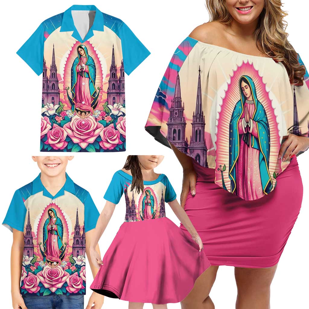 Our Lady of Guadalupe Family Matching Off Shoulder Short Dress and Hawaiian Shirt Virgin Mary of Mexico - Wonder Print Shop
