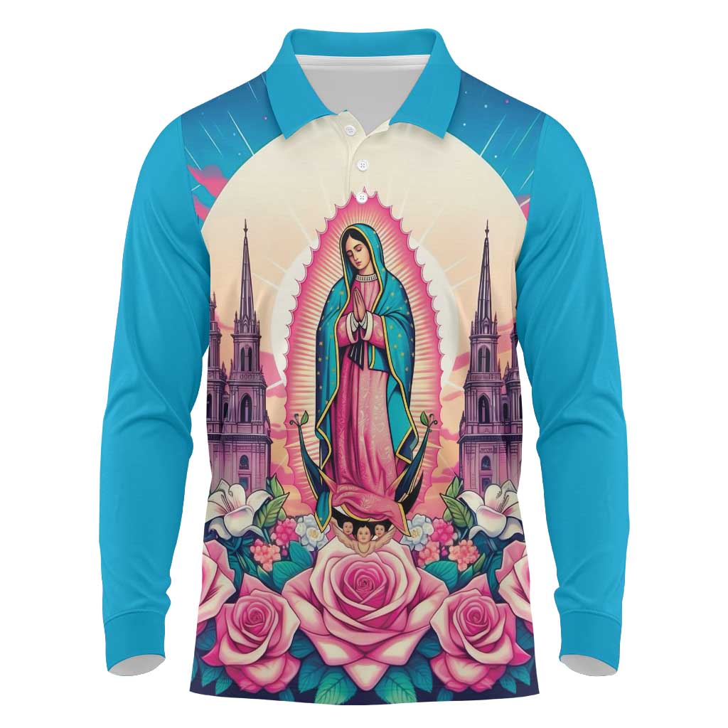 Our Lady of Guadalupe Long Sleeve Polo Shirt Virgin Mary of Mexico - Wonder Print Shop