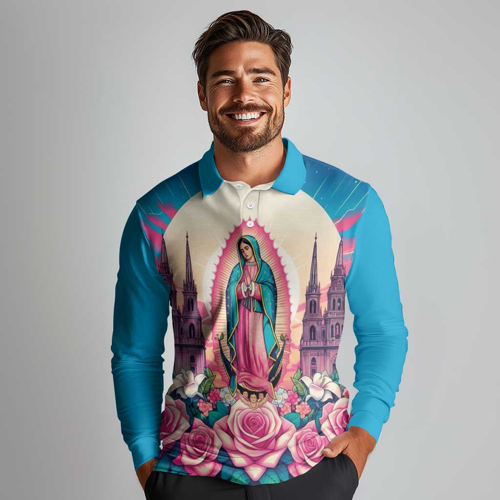 Our Lady of Guadalupe Long Sleeve Polo Shirt Virgin Mary of Mexico - Wonder Print Shop