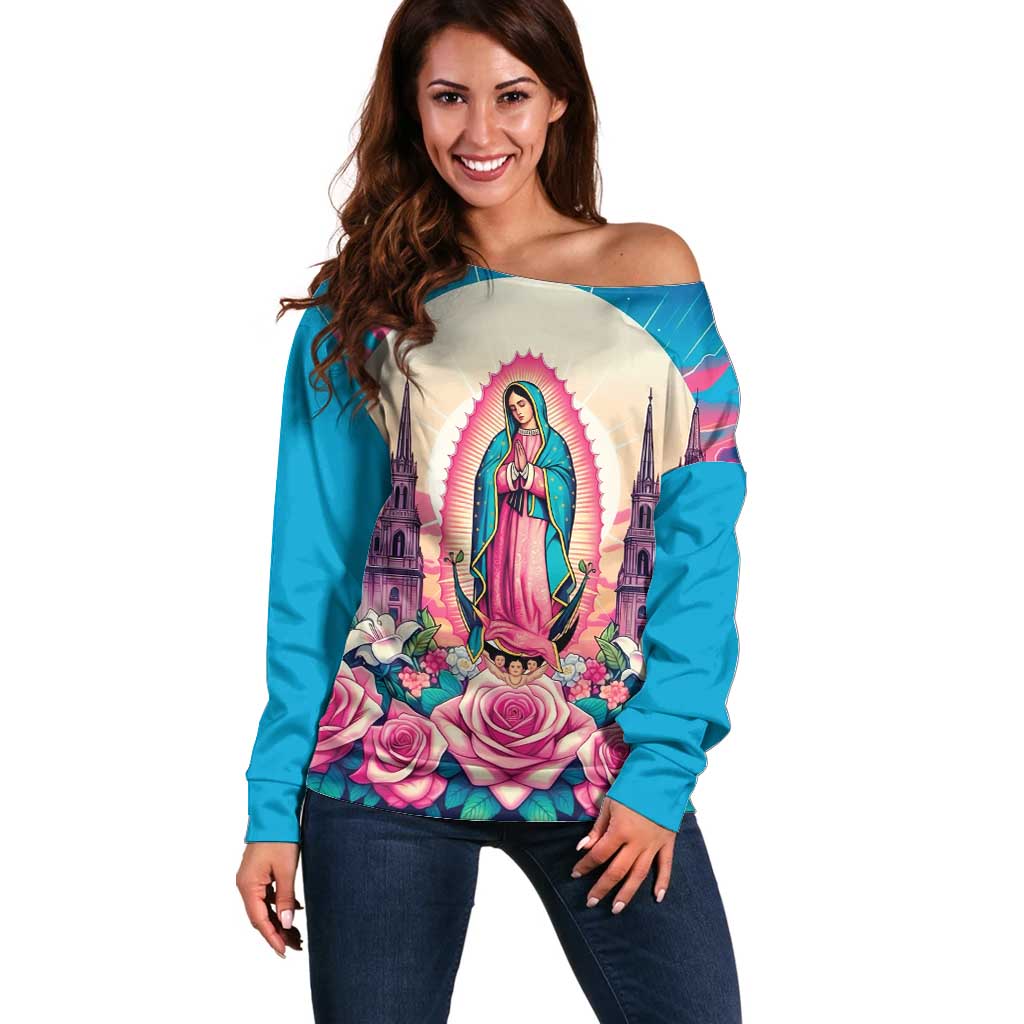 Our Lady of Guadalupe Off Shoulder Sweater Virgin Mary of Mexico - Wonder Print Shop