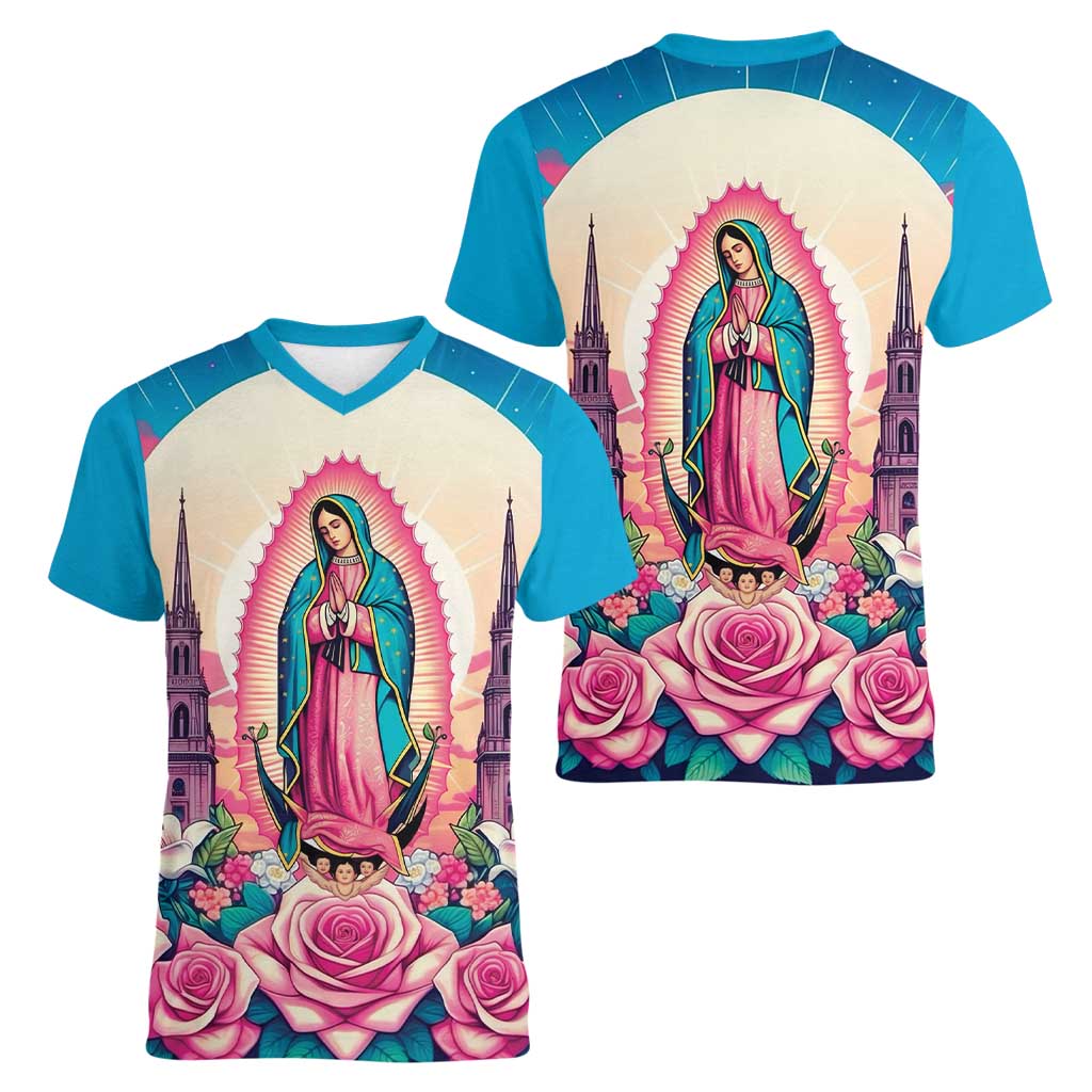 Our Lady of Guadalupe Women V-Neck T-Shirt Virgin Mary of Mexico - Wonder Print Shop