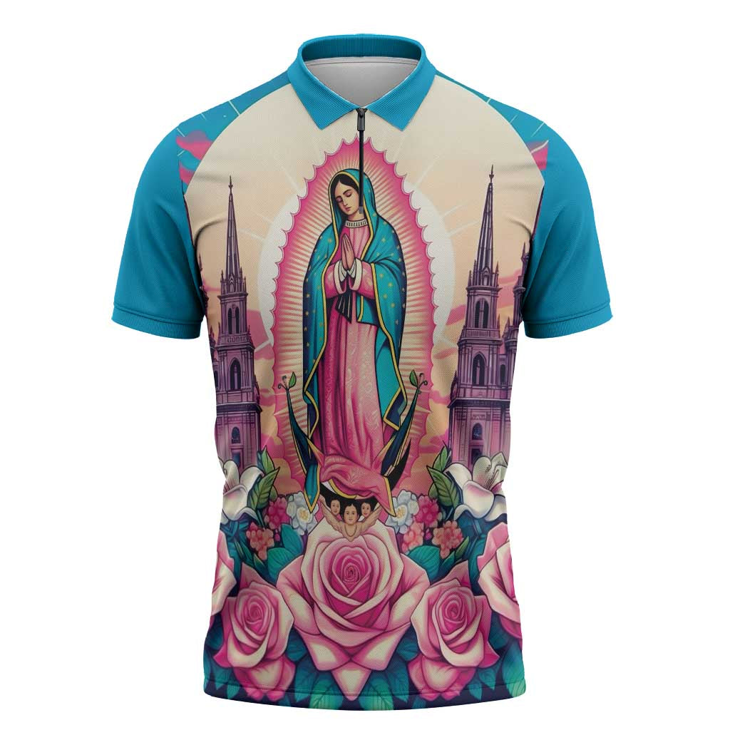 Our Lady of Guadalupe Zipper Polo Shirt Virgin Mary of Mexico - Wonder Print Shop