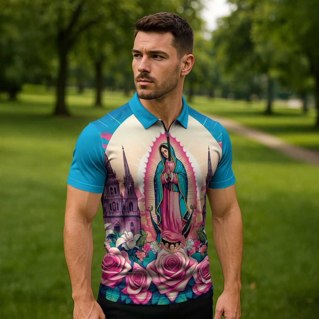 Our Lady of Guadalupe Zipper Polo Shirt Virgin Mary of Mexico - Wonder Print Shop