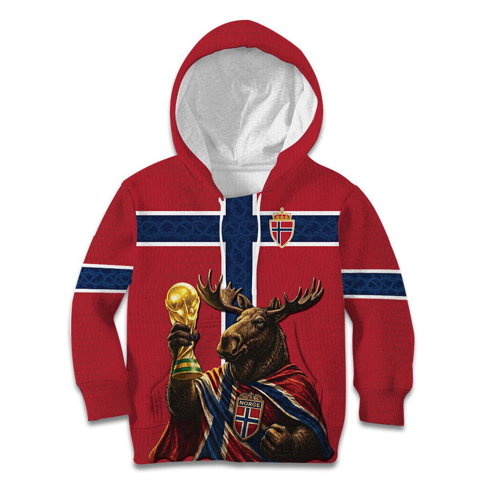 Custom World Football 2026 Norway Kid Hoodie Viking Moose Trophy Champion