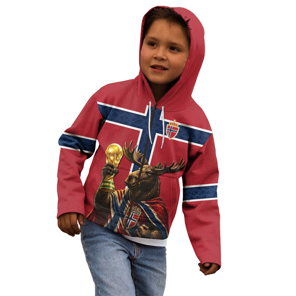 Custom World Football 2026 Norway Kid Hoodie Viking Moose Trophy Champion