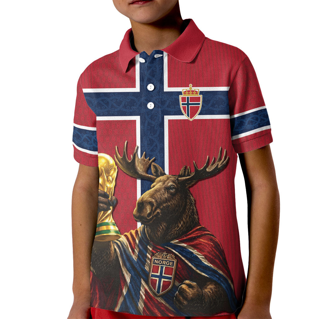 Custom World Football 2026 Norway Kid Polo Shirt Viking Moose Trophy Champion