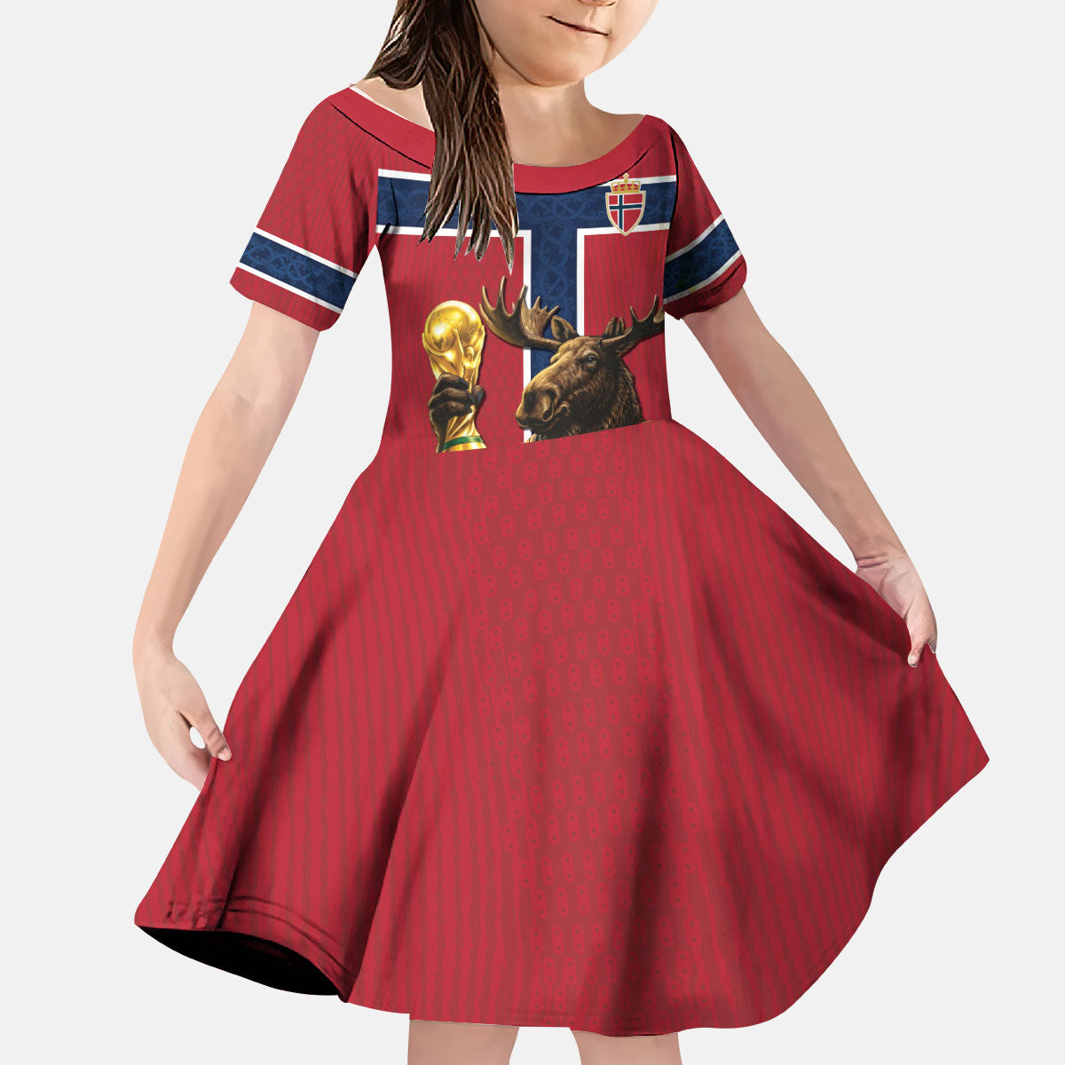 Custom World Football 2026 Norway Kid Short Sleeve Dress Viking Moose Trophy Champion