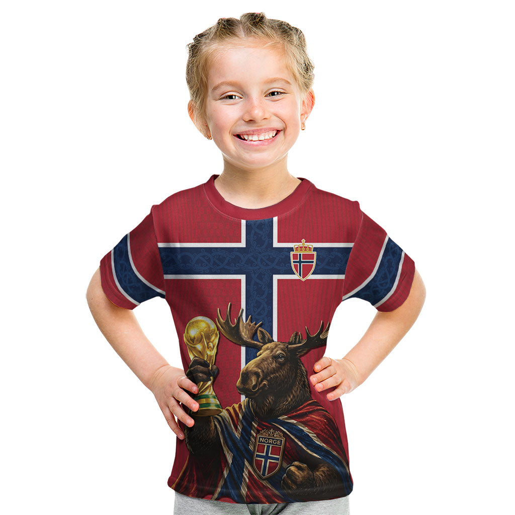 Custom World Football 2026 Norway Kid T Shirt Viking Moose Trophy Champion