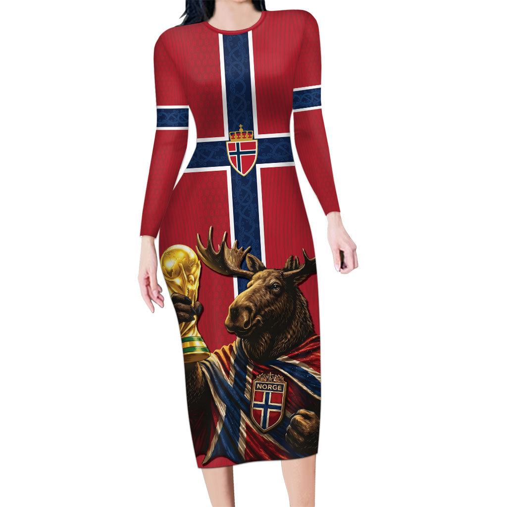 Custom World Football 2026 Norway Long Sleeve Bodycon Dress Viking Moose Trophy Champion