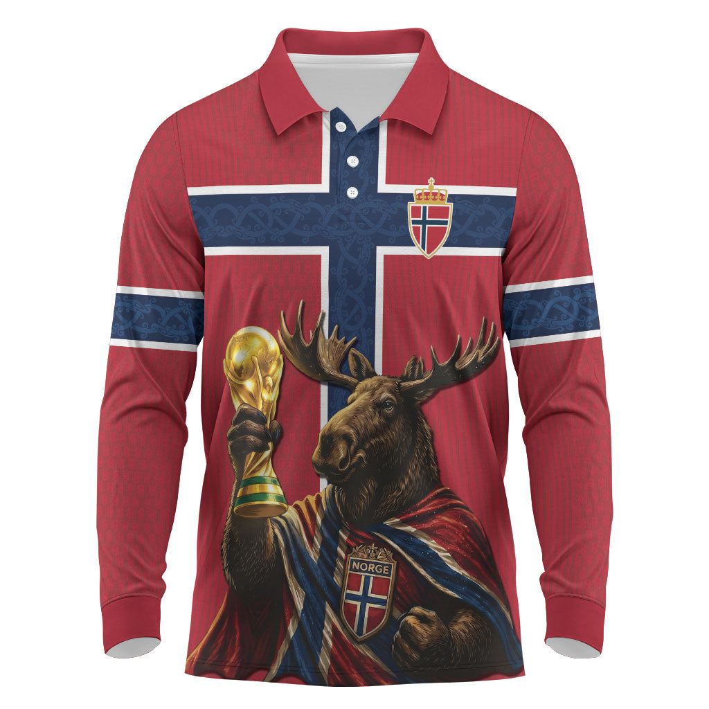 Custom World Football 2026 Norway Long Sleeve Polo Shirt Viking Moose Trophy Champion